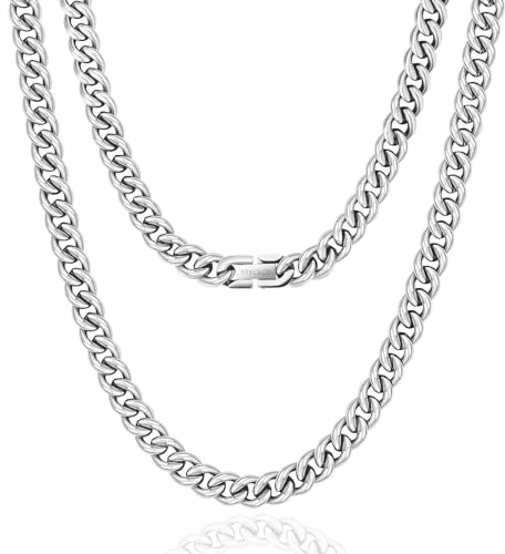 KRKC&CO 9mm Kette Männer, Panzerkette Herren Edelstahl, Silbrig Cuban Link Chains Silberkette Halskette, Geburtstag Weihnachten Geschenke für Männer Jungs, [Länge 61cm]