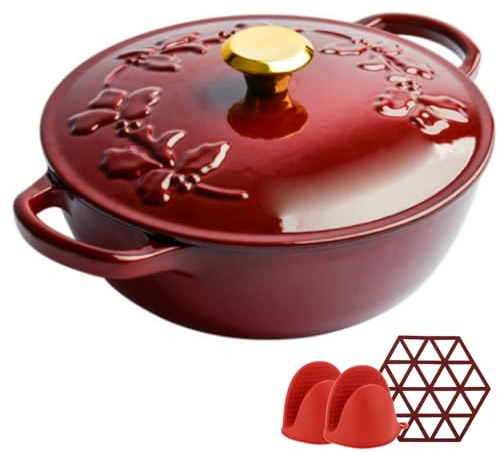 3Qt Enameled Cast Iron Dutch Oven - Non Stick Cooking Pot for Open Fire, Stovetop, Camping - Includes Potholders - Versatile Cookware