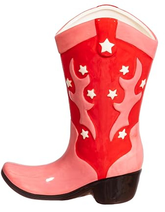 Sass & Belle Cowboystiefel-Vase – roter, westlich inspirierter Blumenhalter, lustiger dekorativer Stiefel-förmiger Akzent für getrocknete oder frische Blüten, kühnes Heimdekor-Statement oder