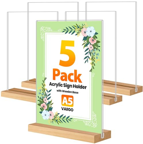 VAIIGO A5 Perspex Display Stand 5 Pack – A5 Acrylic Sign Holder with Wooden Base, Double-Sided Table Menu Holder, Leaflet Frame, Poster Display Stand for Restaurant, Bar, Office, Shop, Home