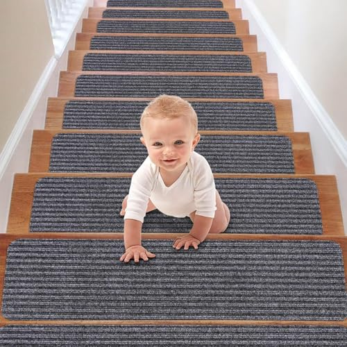 Neuytiky 15PCS lfombra Antideslizante para Escaleras, Alfombrilla Antideslizante Interior 20cm x 76cm, Autoadhesivo Alfombra Antideslizante Seguridad para niños Mayores y Mascotas(Rayas Dobles Grises)