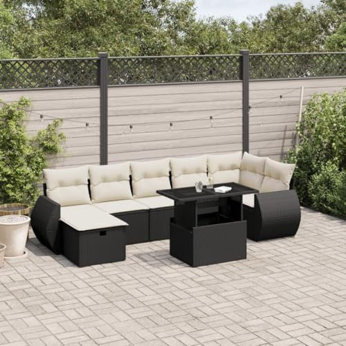 Frdhee Muebles de jardín de 8 piezas, juego de sofás de jardín con cojines de ratán negro de polirratán, grupo de asientos para terraza, patio trasero, jardín de invierno