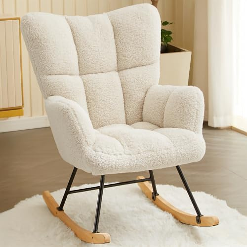 Hawthyhome Schaukelstuhl mit Armlehnen & Stillsessel, gepolstert mit Hoher Rückenlehne, Belastbar bis 136 kg, Moderner Relaxsessel für Wohnzimmer, Schlafzimmer & Babyzimmer, Weiß