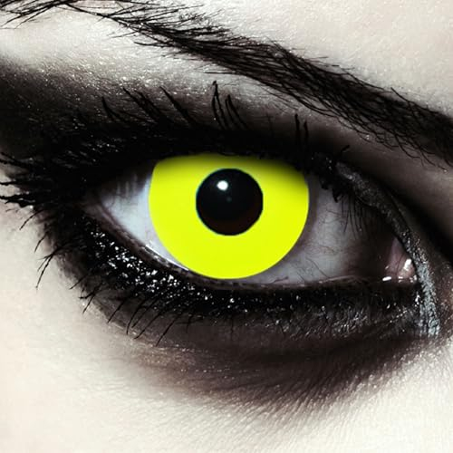 DESIGNLENSES, Lenti a contatto colorate gialle per costume di Halloween da zombie, senza gradazione, 1 paio (2 pezzi), lentes colore completamente giallo + custodia per lenti Yellow Bigeye