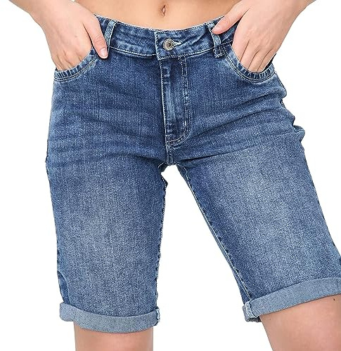 NOROZE Womens Denim Shorts – Ladies Knee Length Stretch Jean Shorts with Pockets – Rolled Hem Summer Bermuda Shorts for Women UK – Lightweight Casual Fit – Sizes 8 to 20