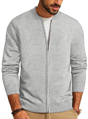 Mens Classic 2-Way Zip Cardingan Sweater Stand Collar Baseball Jacket Light Grey, M