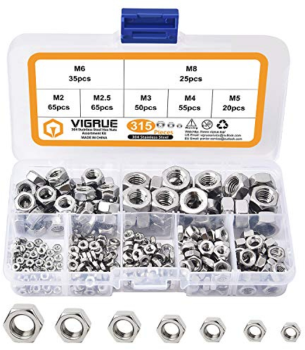 VIGRUE 315 Stück DIN 934 Sechskantmuttern Kontermuttern Standard A2-70 Set selbstsichernd A2-70 Edelstahl Kontermutter Muttern Set Sechskant Schraubenmuttern 7 Größe M2 M2.5 M3 M4 M5 M6 M8