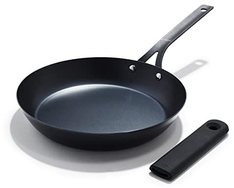 OXO Obsidian Pre-Seasoned Carbon Steel, 12 Frying Pan Skillet with Removable Silicone Handle Holder, Induction, Oven Safe, Black