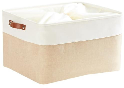 Mangata Scatola di immagazzinaggio in Tessuto di Tela Pieghevole con Manici in Pelle, Cestino di stoccaggio Pieghevole per Lavanderia, mensola, Giocattoli (Cachi, XLarge)