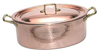 CREARTISTIC Casseruola Ovale in rame stagnato – Pentola 27 x 20 cm, H 10 cm, 2 maniglie in ottone 4 cm, con Coperchio, Pirofila da forno, Rostiera 100% Made in Italy – Fatto a mano