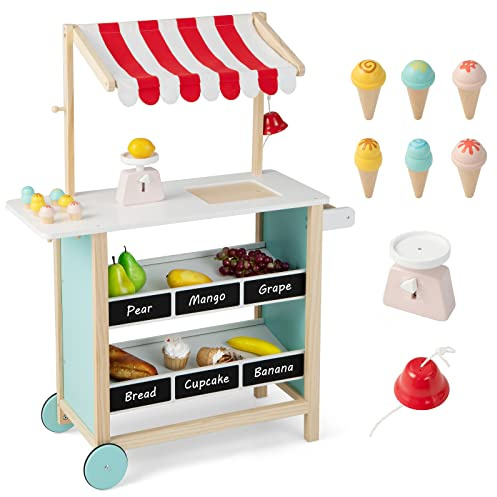 FUTADA Kids Grocery Store Prend Play Cart, Wooden Toy Shop with Ice Cream Toy, Scales, Bell, Chalkboards, Canopy, Wheels, Ice Cream Truck Toys for Kids, Gift for Boys Girls Ages 3+ (Red)