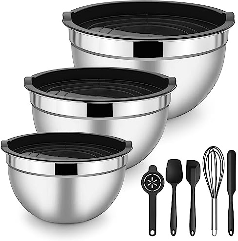Herogo Mixing Bowls with Airtight Lids, 3-Piece Stainless Steel Nesting Set & 5-Piece Silicone Accessories, Metal Salad Bowls for Baking Preparing Serving, Space-Saving Storage, 1.2/2.6/4.5 QT