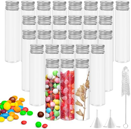 JiangLin 40 Stück Reagenzgläser mit Schraubverschluss Aus Aluminium,25ml kleine Glasflasche Glas,Klare Flüssigkeitsprobe Fläschchen Flaschen mit 2 Trichter und Reinigungsbürste,Tierhaar-Gedenkflasche