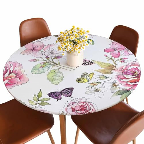 Guxxuil Watercolor Floral Round Fitted Tablecloth Purple Pink Bouquets Meadow Flowers Roses Peonies Butterflies Elastic Edge Tablecloth Waterproof Oilcloth Table Cover for 40-44