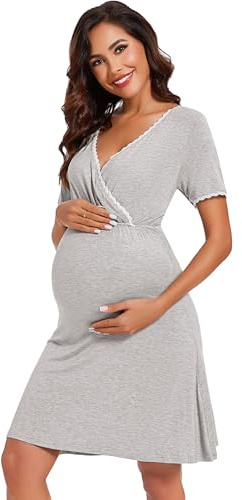 Leversic Womens Maternity Nightgown Short Sleeves Cotton Breastfeeding Nightdress ladies V-Neck Maternity Nightdress Labour gown for Hospital Postpartum Pajamas(Grey,L)