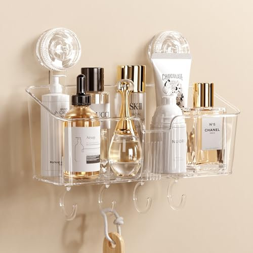 Luxear Clear Shower Caddy Suction Vacuum Bathroom Shelf with Knob Removable Waterproof Plastic Shower Organiser Rack No Drilling for Bathroom Kitchen Toilet Storage