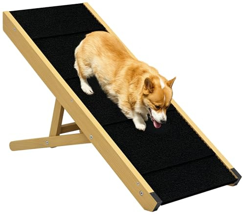 PawHut Rampe Pliable pour Chiens en Bois escalier pour Chien Hauteur réglable à 4 Niveaux Surface antidérapante Facile à Transporter - pour Petits et Moyens Chiens, 83,5 x 35 x 47,5 cm Bois Naturel