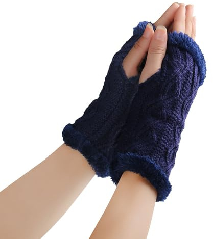 AYNKH Fingerless Gloves for Women, Thicken Plush Warm Knitted Gloves, Winter Mittens Half Finger Warmers for Girls Ladies Kids (Navy Blue)