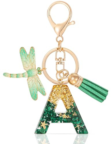 MWOOT Initiale Letter Keychains Porte Clé Lettre A,Alphabet Initial Keyring avec Libellule Glands Pendentif,Vert Key Ring pour Femmes Portefeuilles Sac à Main Bagages Charme (A)