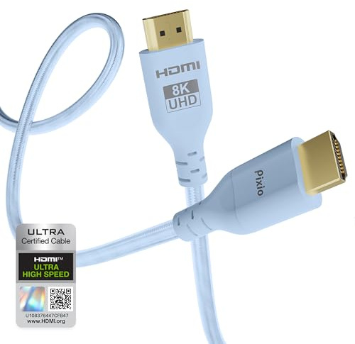 Pixio Blue 8K HDMI 2.1 Cable Ultra Certified Ultra High Speed 6FT 8K 60Hz 4K 120Hz Nylon Braided, Gold Plated Connector, Anti-Breakage, HDR10+, dtsx, eARC, HDCP, Dolby Compatible