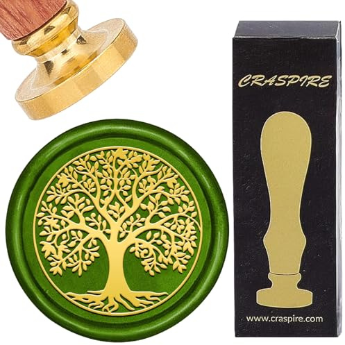 CRASPIRE Vaxförseglingsstämpel 30 mm livets träd återanvändbara frimärken växtmönster vintage tryck trähandtag hållbar vintage mässingshuvud ersättning för kreativ present kuvert inbjudan dekoration