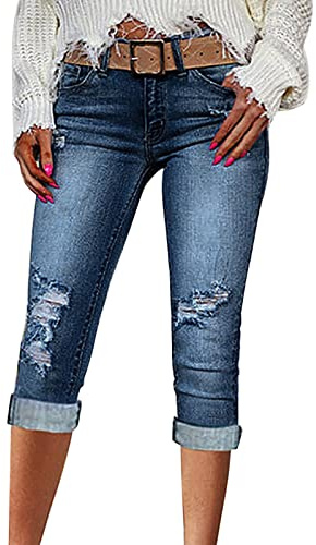 EQWIGKEIT Pantalones vaqueros 7/8 para mujer, jeans ligeros, pantalones cortos de tres cuartos, leggings ajustados de cintura alta con bolsillos, jeans cortos elásticos de verano, denim capri, azul, S