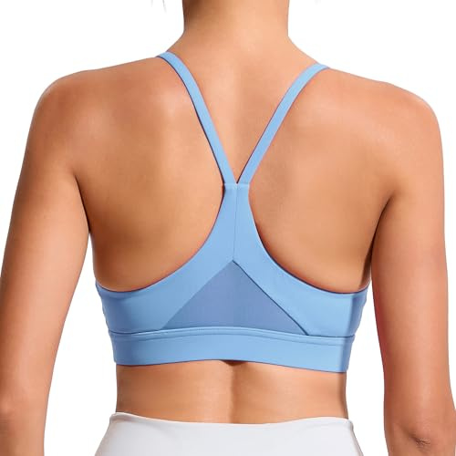 Hioffer Mid Impact Molded Cup Cross Back Sports Bras for Women Shock Absorber Support Padded Backless Tank Top Bra Yoga Gym Blue