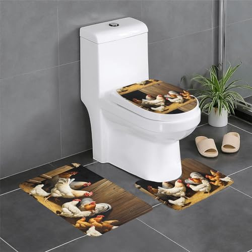 3 Piece Bath Mat Set Farm Chickens U Shape Wc Toilet Rug Absorbent Novelty Pedestal Rug, For Bedroom, Floor Tub, Outdoor