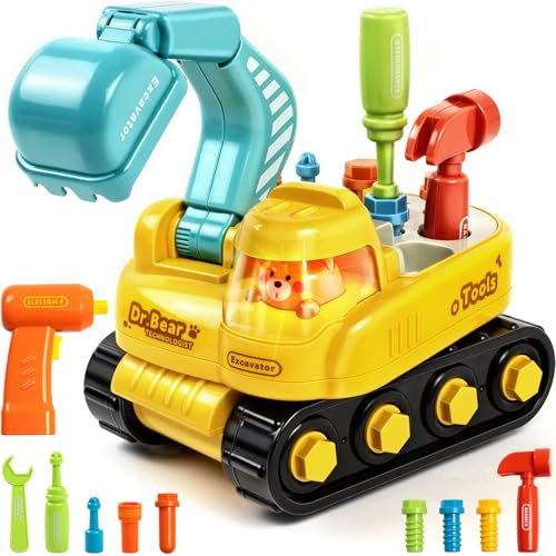 Digger Toy for 2 Year Old with Electric Drill, Tools, Kids Tool Set, Electric Excavator Toy with Lights and Music, Educational Construction Toddler Toy for 18M+ Boys Girls, Gift for 2 3 4 Year Old