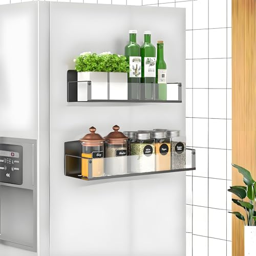 KedioPio Magnetisk Hylla Kylskåp, 2 Stycken Genomskinliga Magnetiska Kryddställ, Magnet Hyllor Kryddhylla Magnetic Shelf för Kök Förvaring och Organisering, Transparent