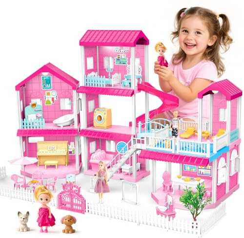 3 Etages Maison de Poupée à Construire pour Filles Jeu de Construction en Blocs avec Poupée Chiot Meubles Accessoires Maison de Poupée Rose Cadeau de Noël d'anniversaire pour Les Filles de 6 7 8 9 10