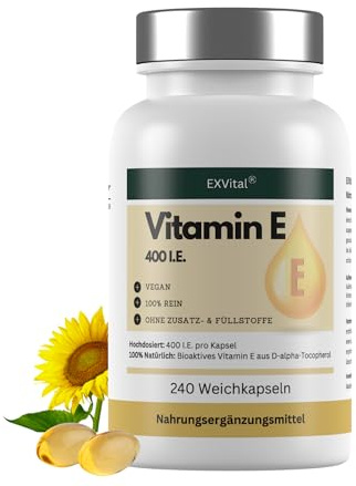 EXVital Vitamina E 400 UI, 240 capsule vegane in softgel, con D-alfa-tocoferolo, vitamina E da girasole, ad alto dosaggio e testata in laboratorio