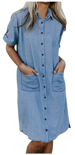 Vestido vaquero para mujer, manga corta, cuello vuelto, minivestido largo, tallas grandes, vestido de verano, falda lápiz con botones y bolsillos, vestido de blusa, vestido largo hasta la rodilla