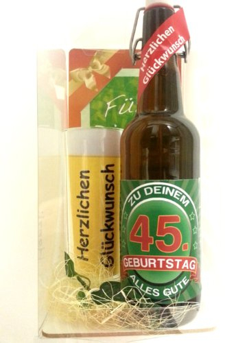 SünGross 45. Geburtstag Geschenk Set, Bierset Bier Geschenk zum 45. Geburtstag das bei Frau und Mann Immer gut ankommt, Bierflasche mit Etikett, Glas Bierkrug und Geschenk Postkarte