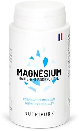 Magnesio Bisglicinato + Taurina & Vitamina B6 | Alta Assorbibilità & Concentrazione | Antifatica | 100% Vegano | 60 Capsule Vegetali | Trattamento di 1 Mese | Made in France | Nutripure