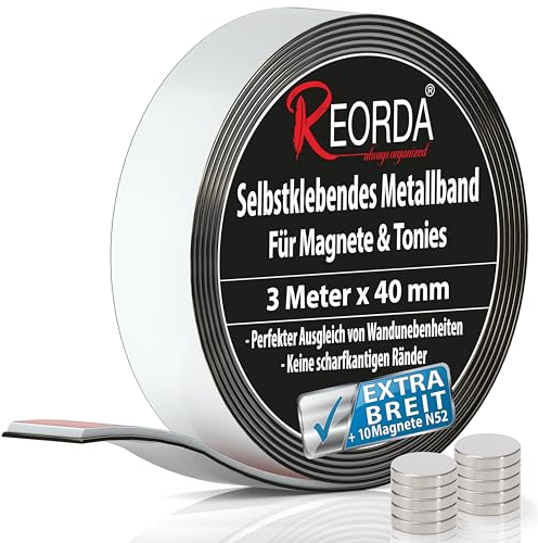 Reorda® Metallband - Ideal für Tonie Tribüne, Magnete & Tonie Figuren dank hohem Metallanteil - Magnetband selbstklebend | Magnetleiste selbstklebend | Magnetband + 10 Neodym Magnete