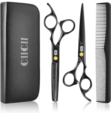 CIICII Forbici Parrucchiere Professionali, 8Pcs Kit Forbici per Capelli (6,7 Pollici/Nero) & Forbici Sfoltire & Pettine Capelli per Taglio di Capelli da Fai da te/Casa/Barbiere