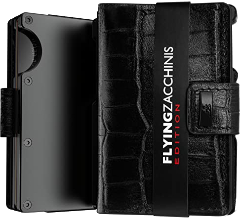 Flying ZACCHINIS Slim Wallet mit Münzfach, AirtTag Kreditkartenetui aus Echtleder und Alumimum mit RFID Schutz, Kartenetui für Herren (ohne AirTag Halter, Kroko schwarz)