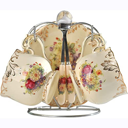 Jiotouhu Tasses et soucoupes avec cuillères et porte-tasse, motif rose vintage rétro en porcelaine anglaise pour thé, café, tasses à thé, tasses à café florales,pour 2 personnes