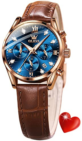 OLEVS Women Chronograph Watch Brown Leather Straps Ladies Rose Gold Dress Waterproof Wrist Watch Date Day