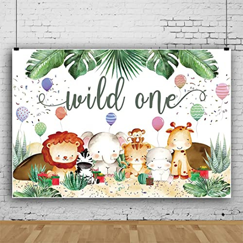 Ttincceer 250x180cm Wild One telón de Fondo de Dibujos Animados Zoo Animal fotografía Fondo león Elefante hipopótamo fotografía telón de Fondo Monstera Hojas Verdes Fondo bebé Ducha decoración