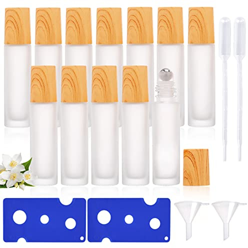 Vegena 12 stycken Roll On glasflaskor för eterisk olja, rulla på flaska tom 10 ml, rollon-flaskor för oljor med rostfritt stål rullbollar påfyllningsbar behållare för parfymer för eteriska oljor