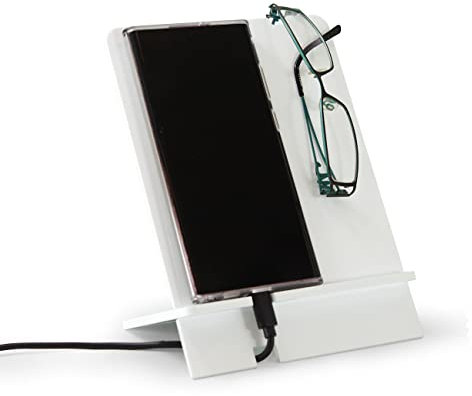 TIELO Glasses & Phone Bedside Stand Holder Docking Station Compatible for all phones Flat Pack (White)