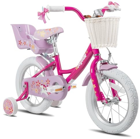 JOYSTAR Unicorn 14 Inch Kids Bike for 3-5 Years Girls Bike with Doll Bike Seat Children Princess Bike with Training Wheels Basket Streamer Toddler Girls Bicycle Fuchsia