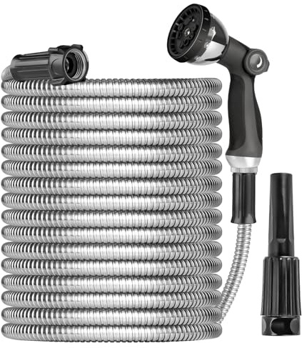 Ainpota Metal Garden Hose Water Hose 100ft Heavy Duty Stainless Steel Water Pipe with Sprayer & Nozzle Flexible Lightweight Hose No Kink Pet Proof Hose for Yard, Outdoors, Rv
