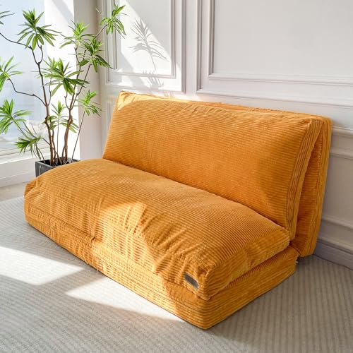 MAXYOYO Puff Cama Plegable Pana de Terciopelo Cama Sofá Cama Colchón Suelo Colchón para Adultos Extra Grueso 4 Pliegues Sofá Suelo para Dormitorio Salón Beige 100x240cm