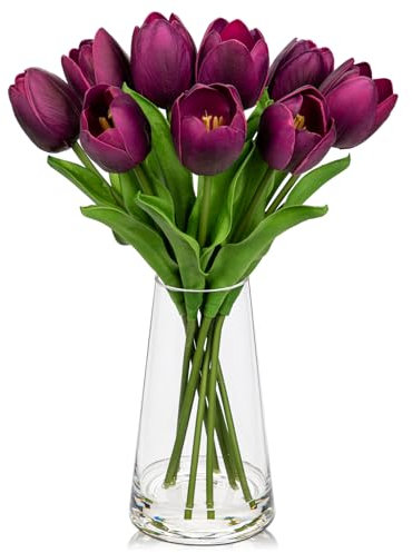 Hollyone 9 Stück Künstliche Tulpen Blumen in Glasvase mit Faux Wasser, 36cm Gefälschte Tulpe Wie Echt, Real Touch Lila Tulip Frühling Blumen für Tischdeko Haus Hochzeit Dekoration