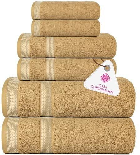 Casa Copenhagen Solitaire 6-teiliges Handtuch-Set – Beige, 600 g/m², 2 Badetücher, 2 Handtücher, 2 Waschlappen aus weicher ägyptischer Baumwolle für Badezimmer, Küche und Dusche