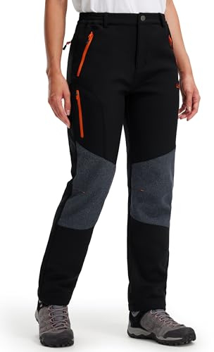 Libin Pantalones de Senderismo para Mujer, Impermeables, térmicos, Forrados, de Softshell, Cortavientos, para Invierno, cálidos, para Exteriores, Trekking, Camo Negro, L