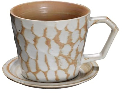 CAPIJIONG 300ml/10oz Japanese Coffee Cup Set Retro -Ear Ceramic Coffee Cup-Hammer lines wide mouth cup+disc-milky white
